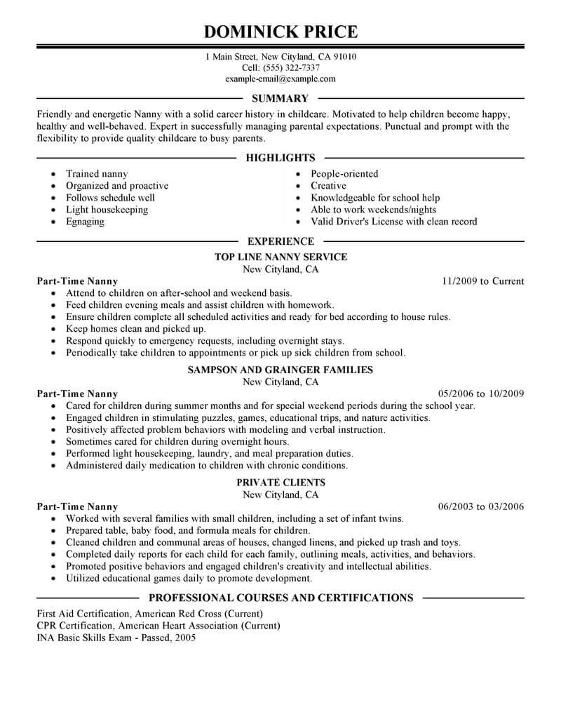 Best Part Time Nanny Resume Example | LiveCareer