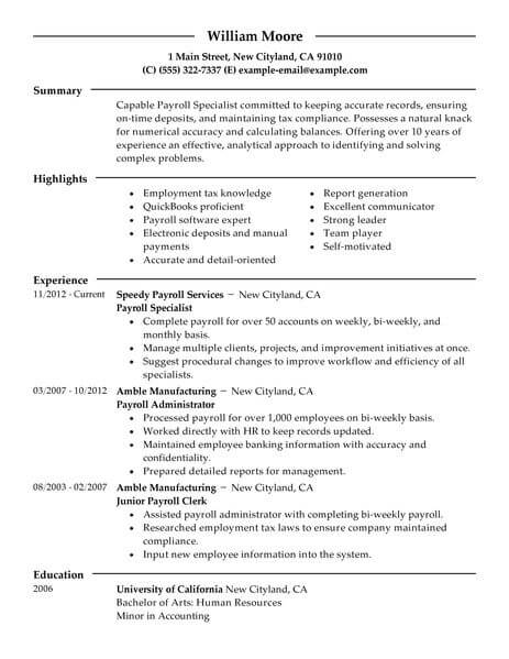 Best Payroll Specialist Resume Example Livecareer