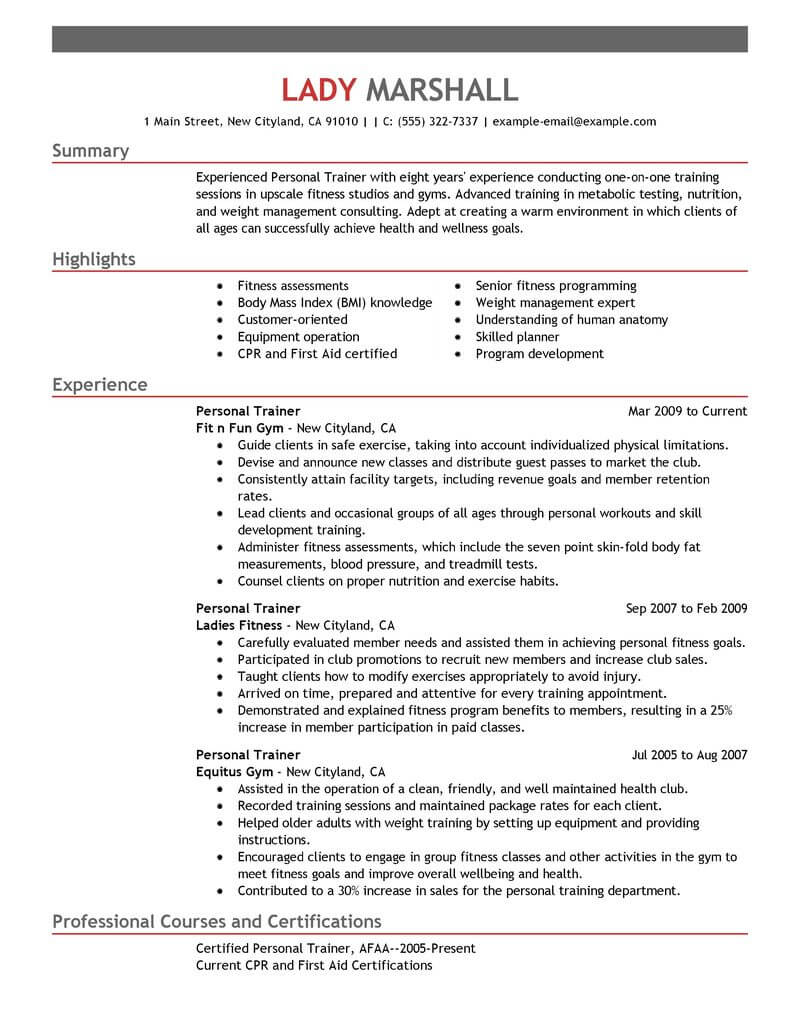 resume objective examples for personal trainer