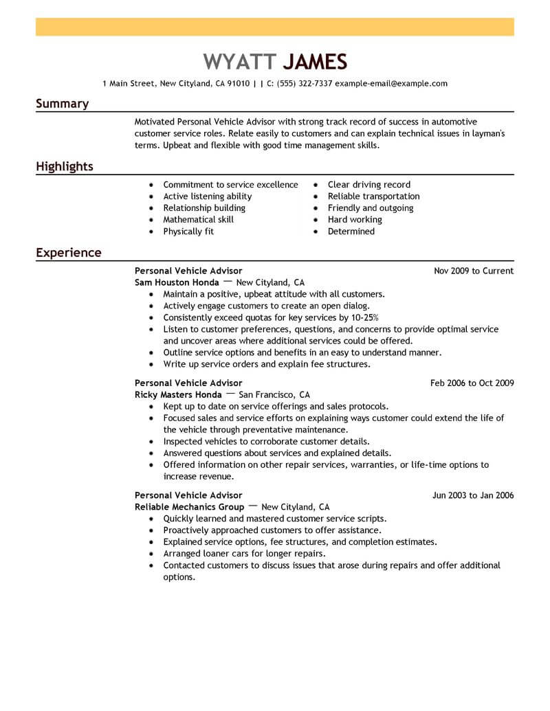 Personal Vehicle Advisor Resume Example Automotive Example Resumes Livecareer