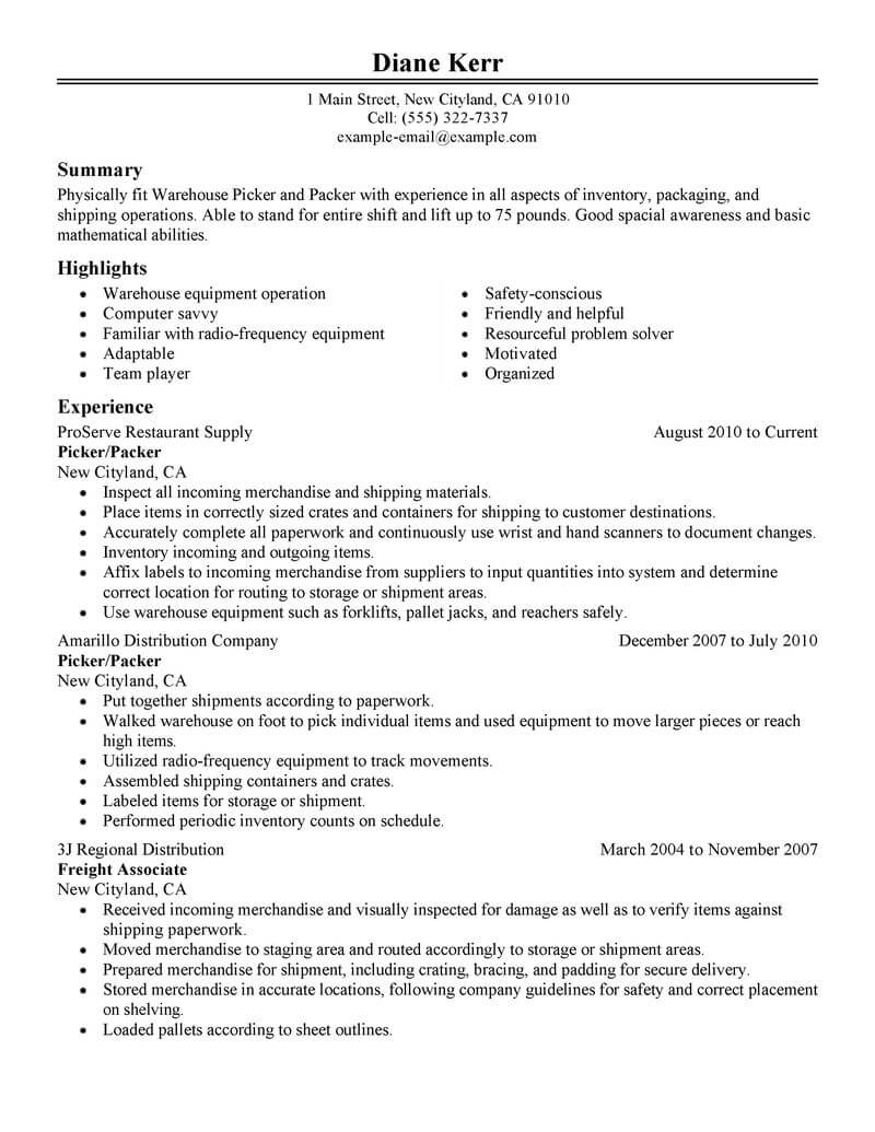 Best Picker And Packer Resume Example | LiveCareer