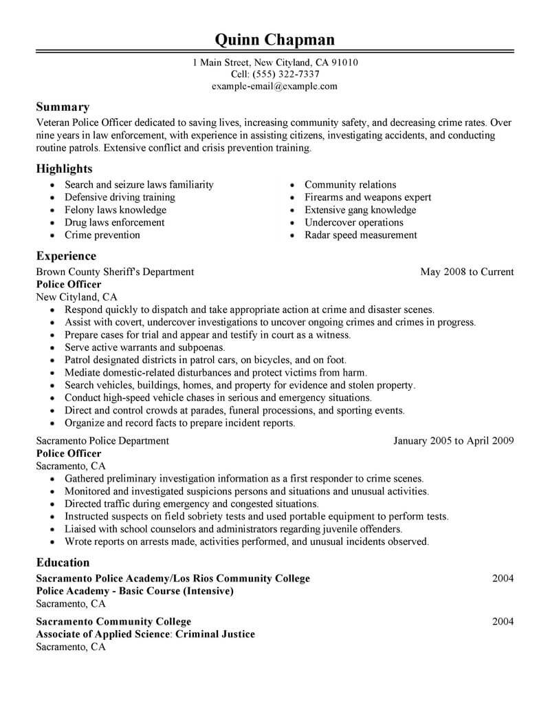 police officer duties on resume