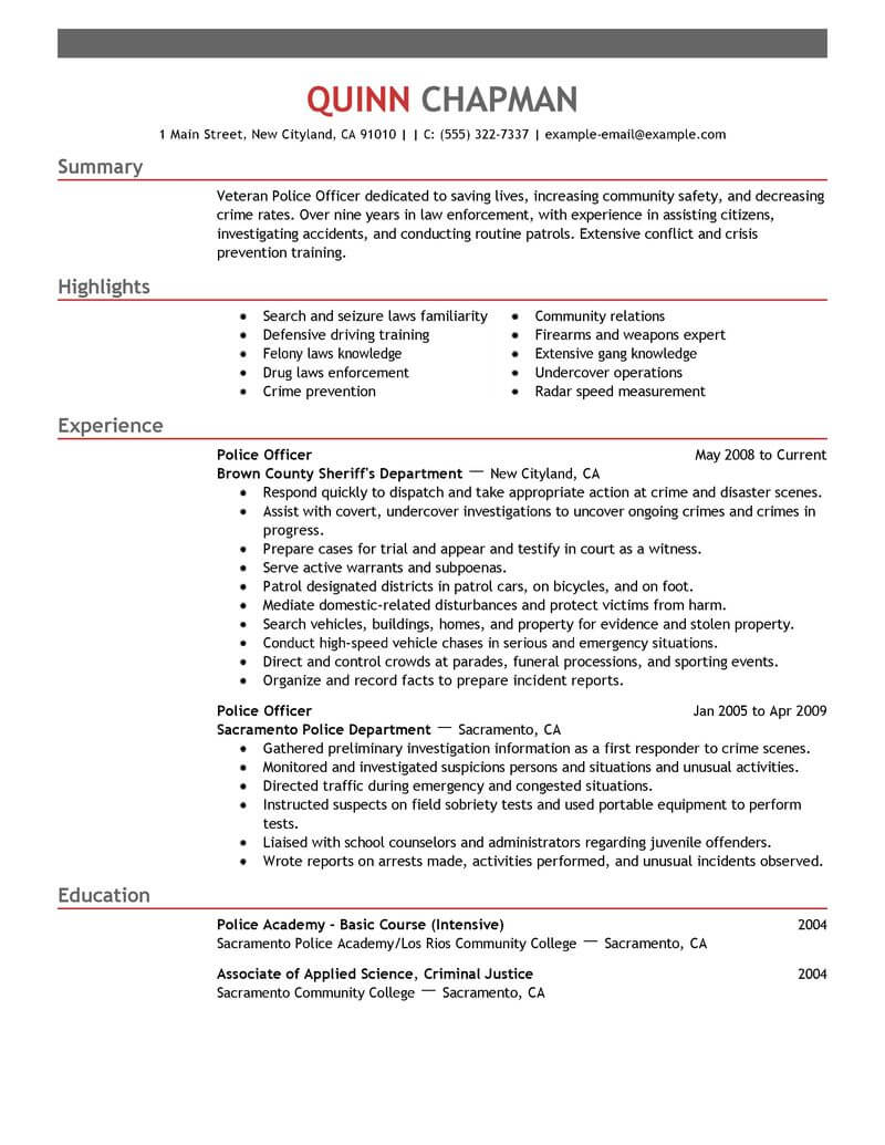 objective in resume sample for police