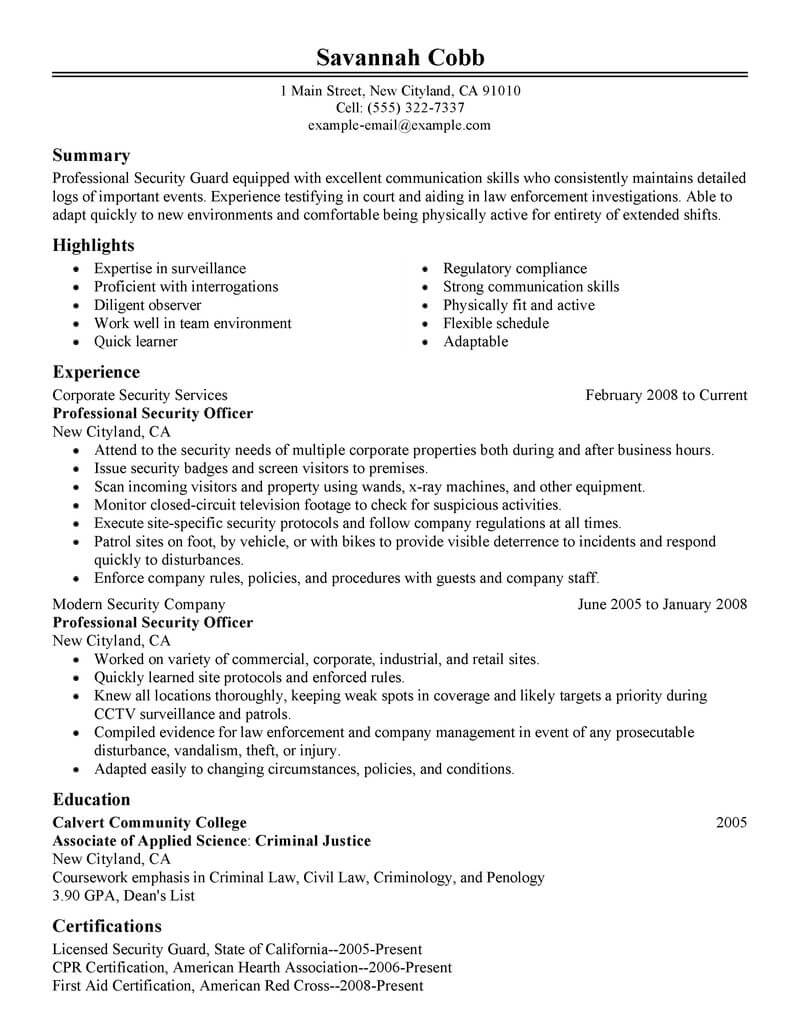 examples of security officer resume