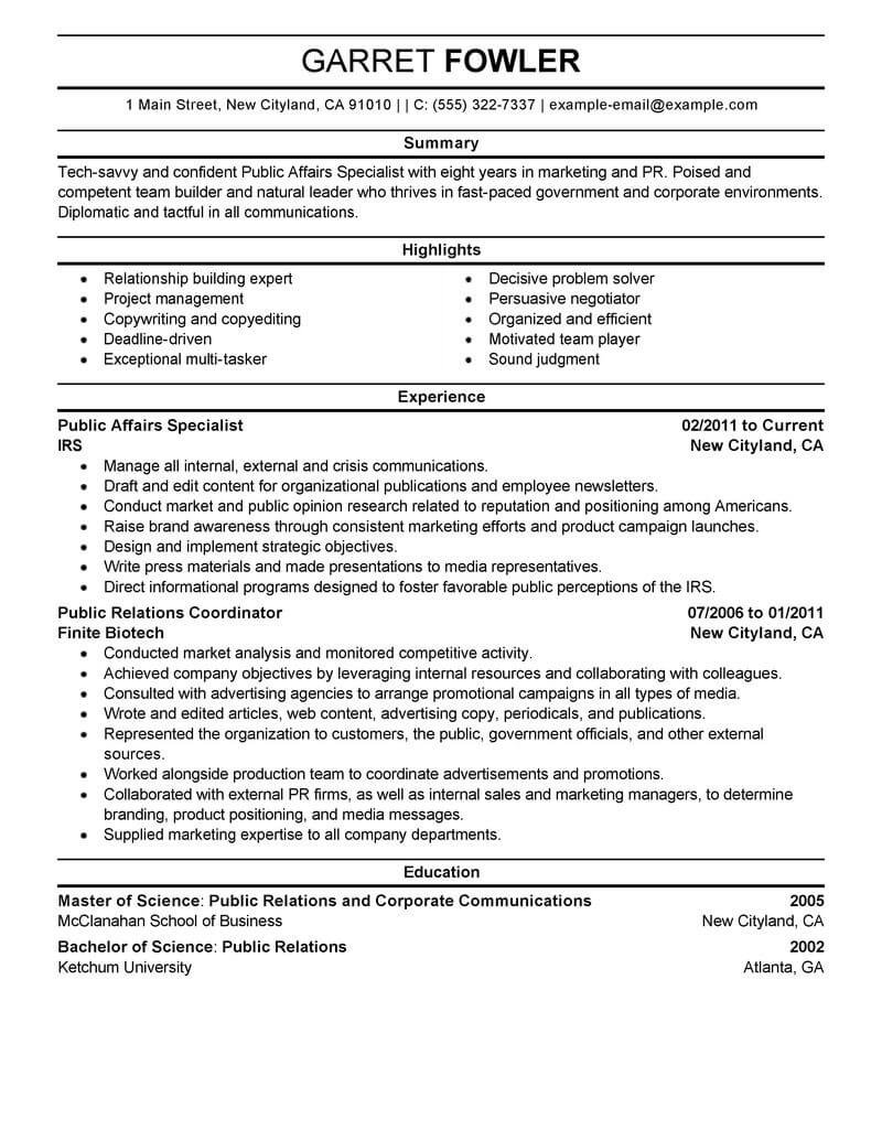 Best Public Affairs Specialist Resume Example  LiveCareer