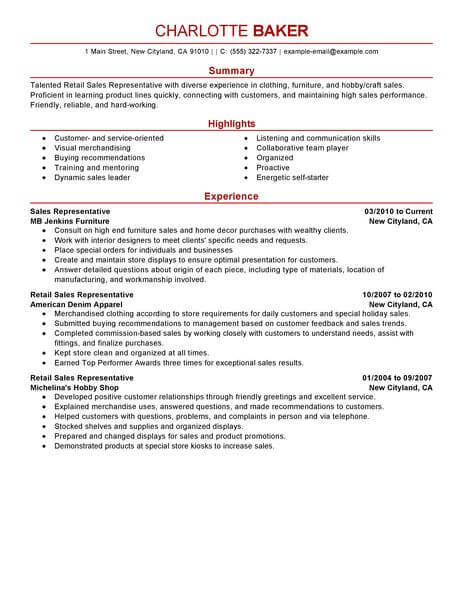 Best Rep Retail Sales Resume Example  LiveCareer