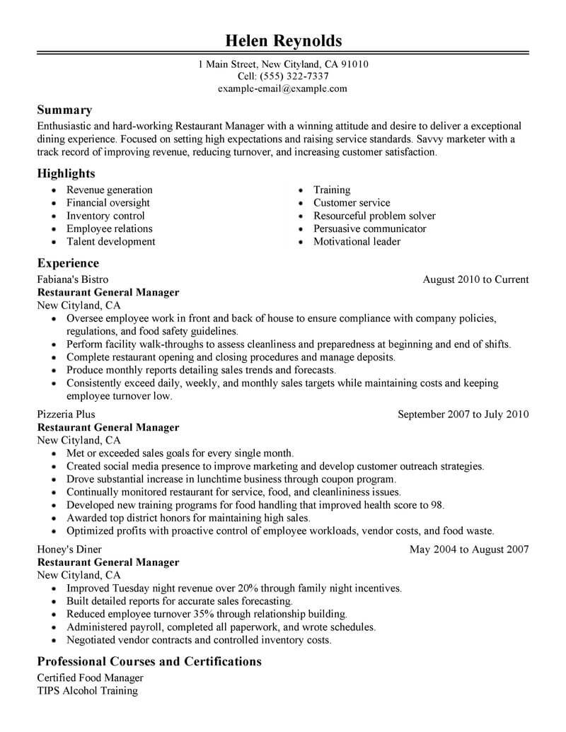 resume points for restaurant manager