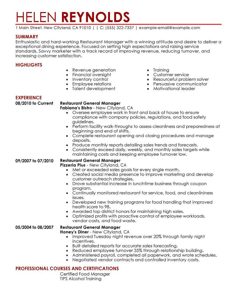 resume for customer service restaurant