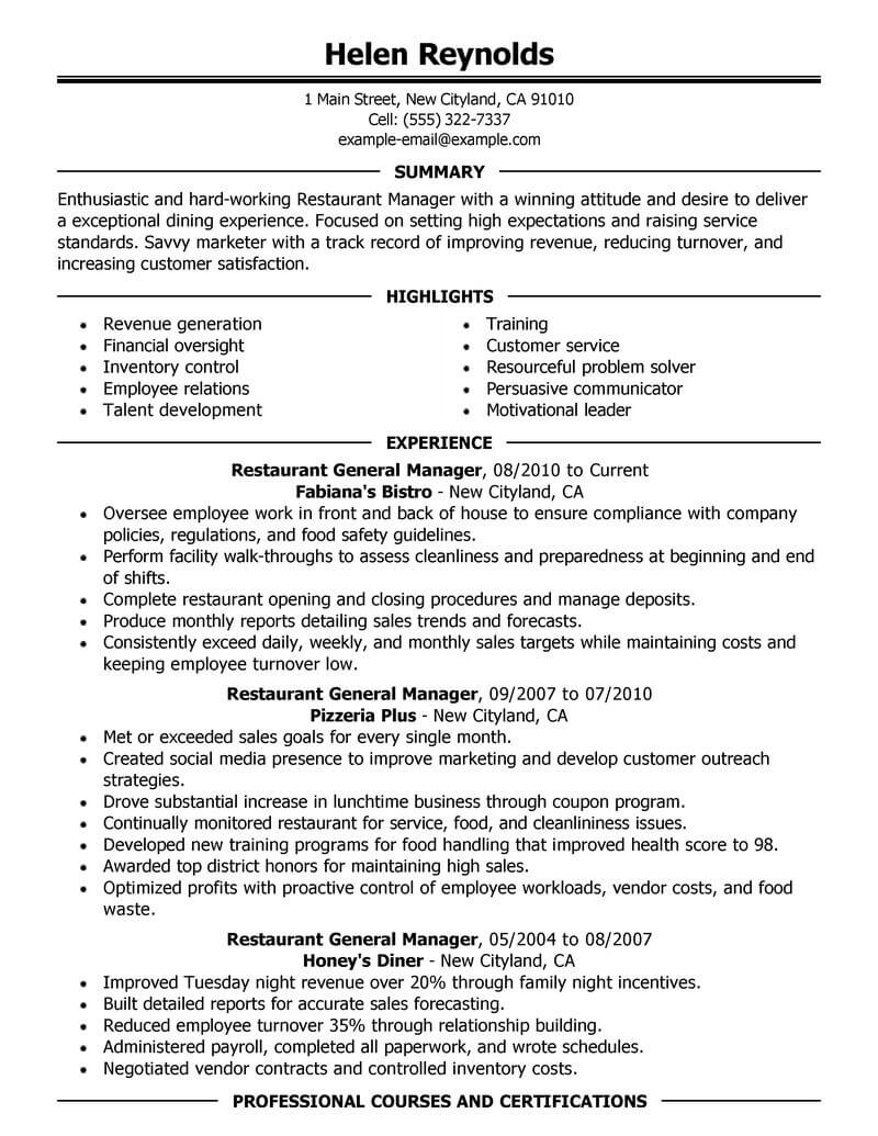 cafe manager job description for resume