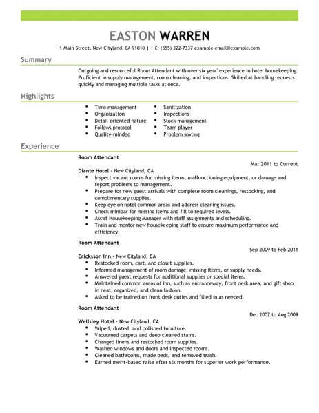 Best Room Attendant Resume Example Livecareer