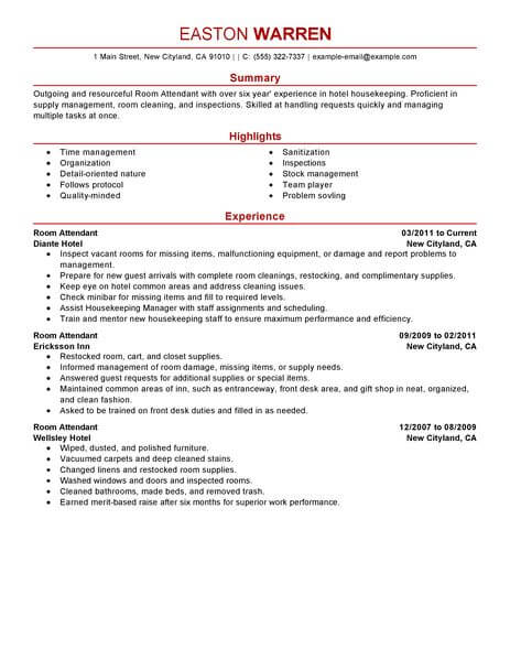 Best Room Attendant Resume Example Livecareer