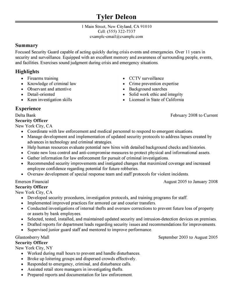 resume sample for security officer