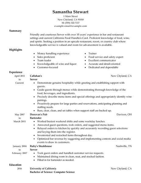 resume for restaurant server with no experience