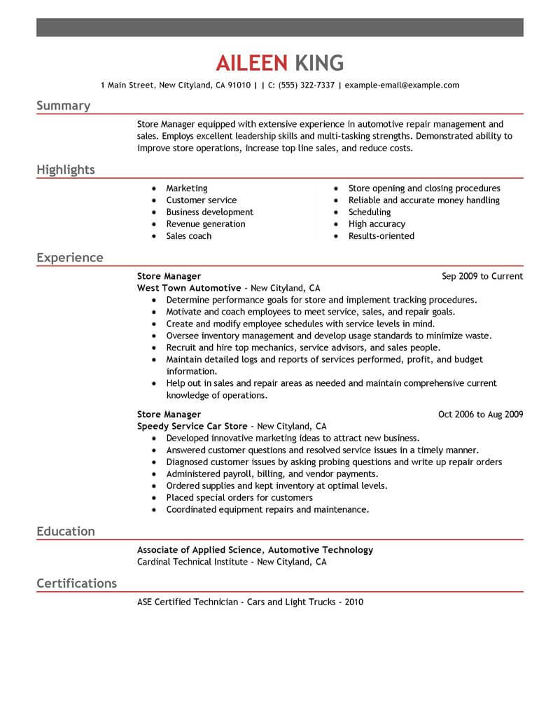 Best Store Manager Resume Example  LiveCareer