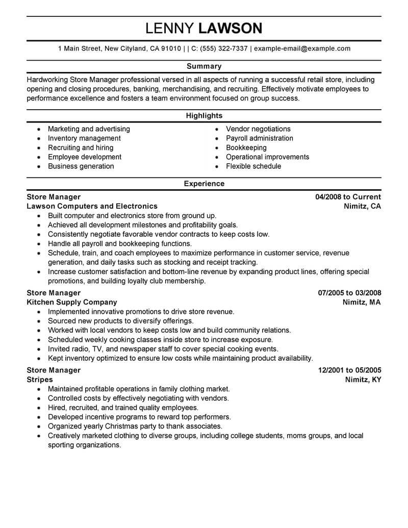 Best Store Manager Resume Example Livecareer