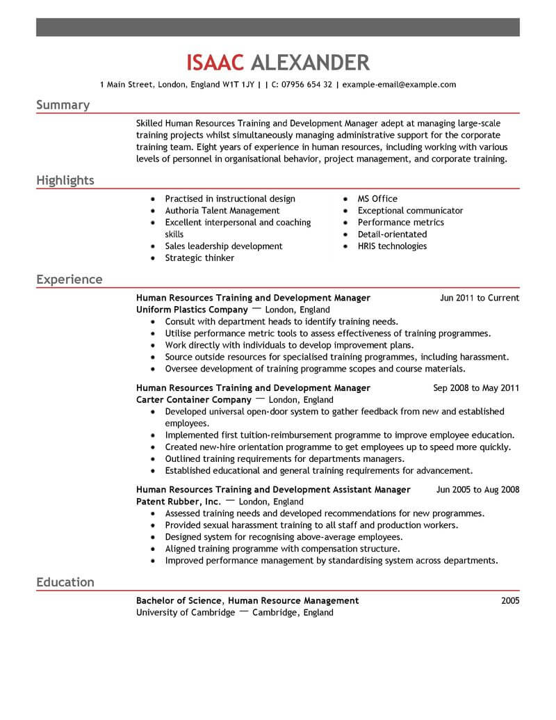 sample resume for training and development specialist pdf