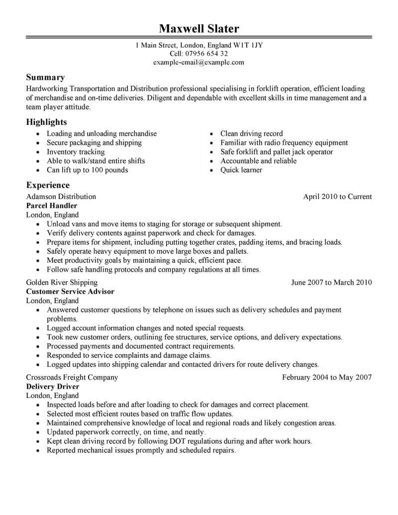 Resume Template For Warehouse Position