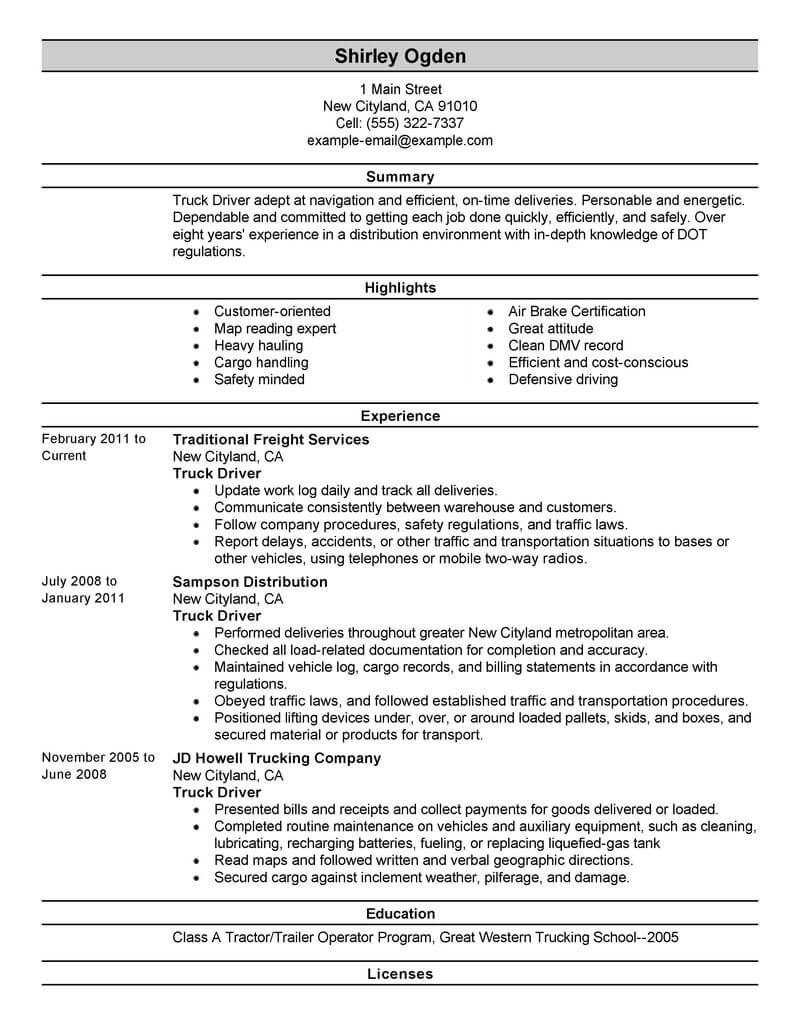 simple resume format for driver job