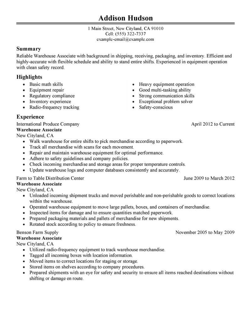 Best Warehouse Associate Resume Example  LiveCareer