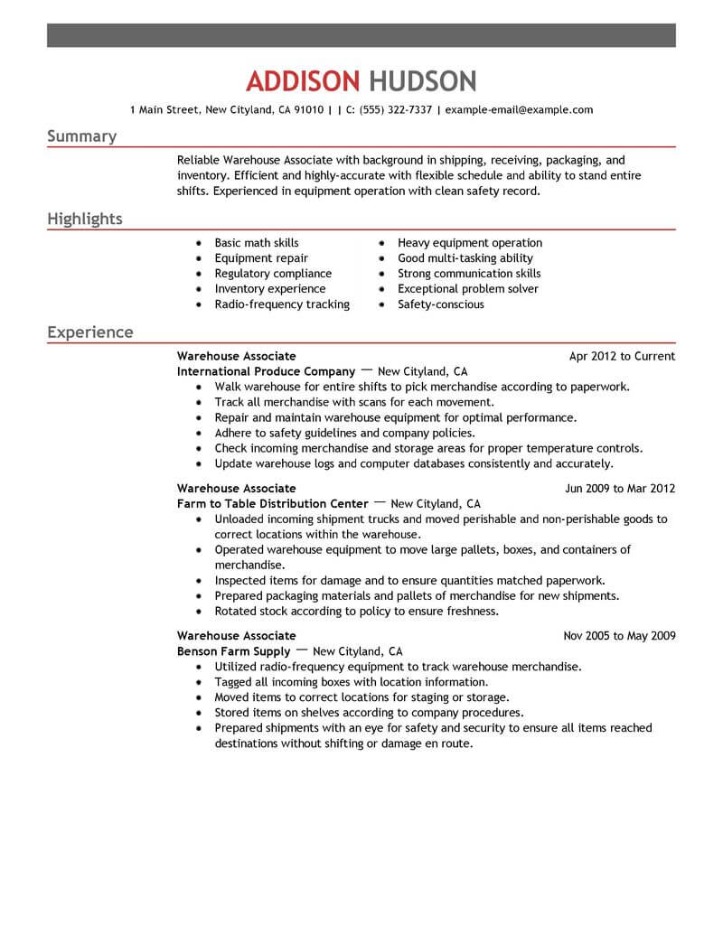 warehouse associate resume summary examples