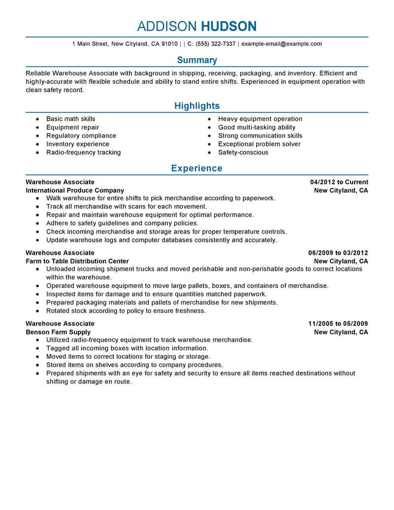 Best Warehouse Associate Resume Example | LiveCareer