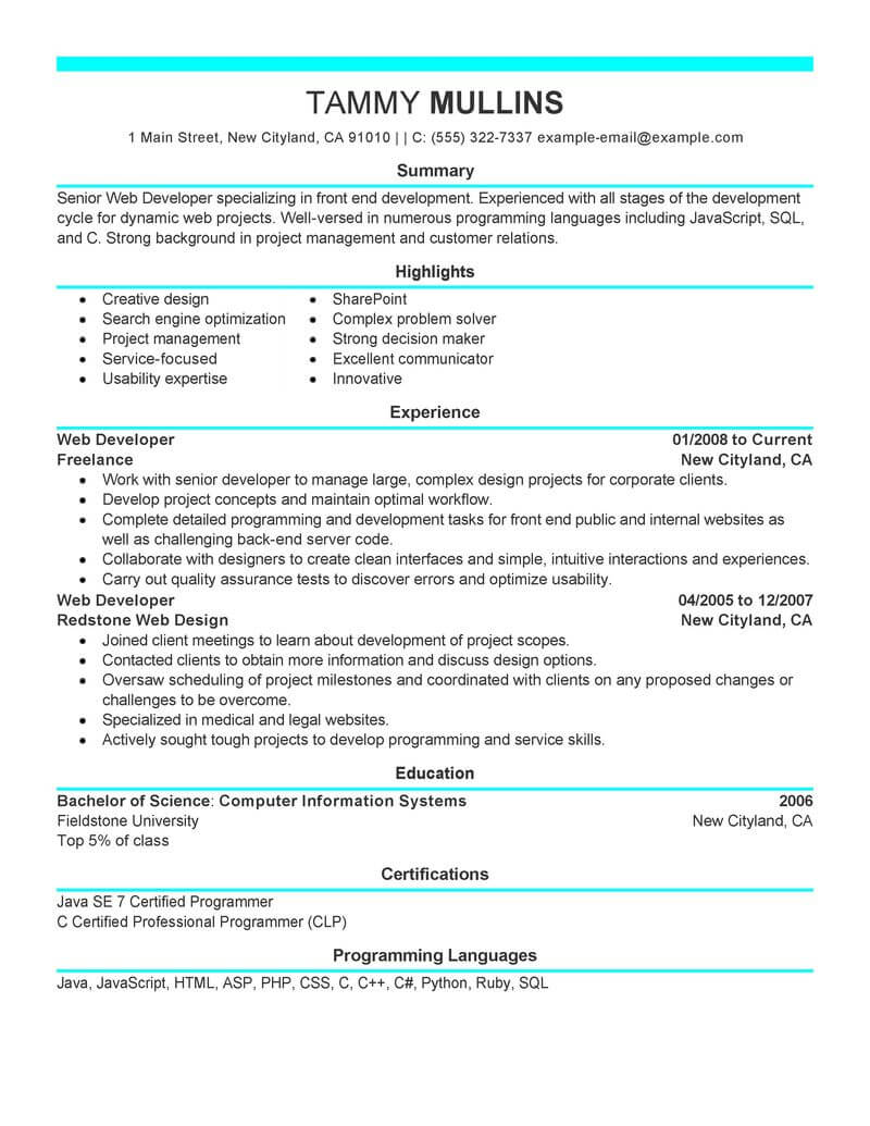 write a web developer resume