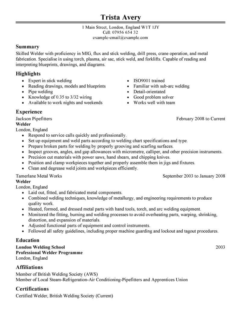 Best Welder Resume Example  LiveCareer