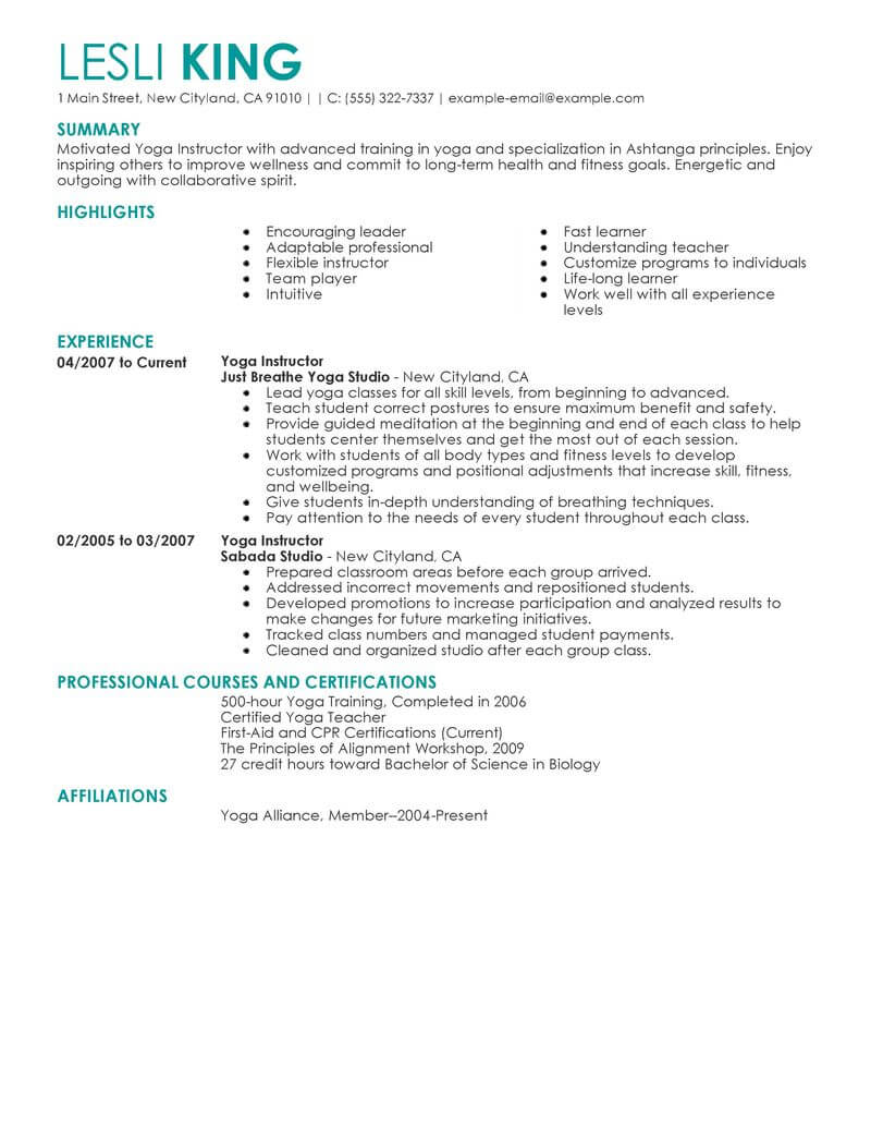 yoga teacher resume objective examples