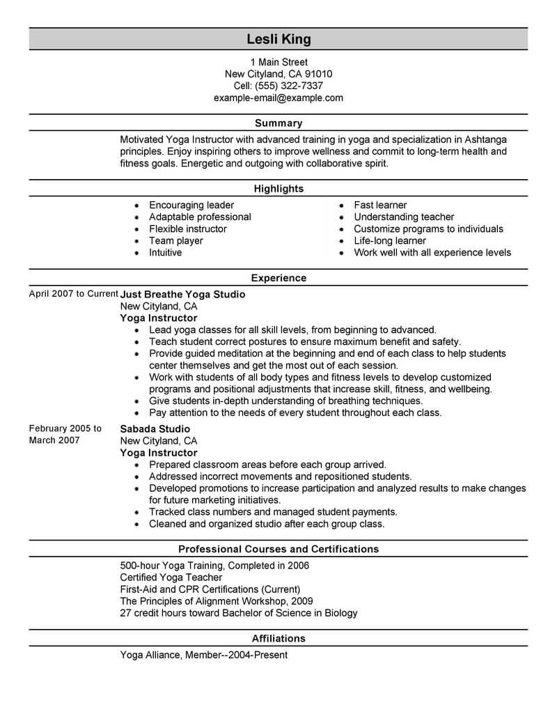 resume format for instructor