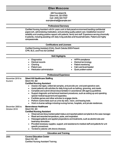 resume job description for certified nursing assistant