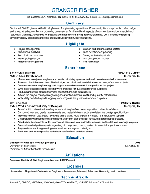 civil engineering project description in resume