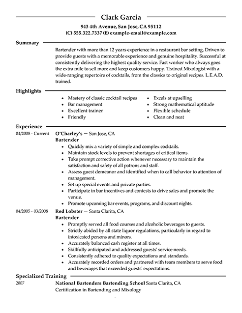 resume examples for bartender