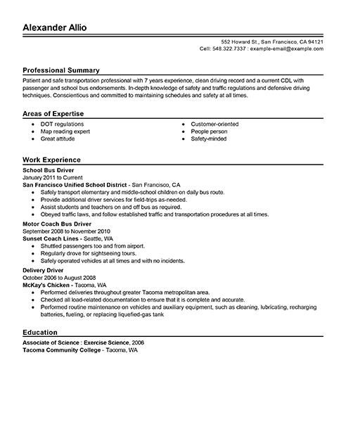 sample resume for school bus driver