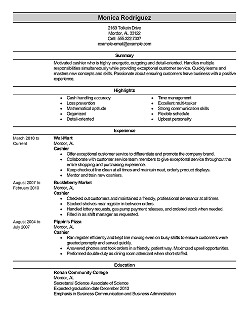 Retail Cashier Resume Sample