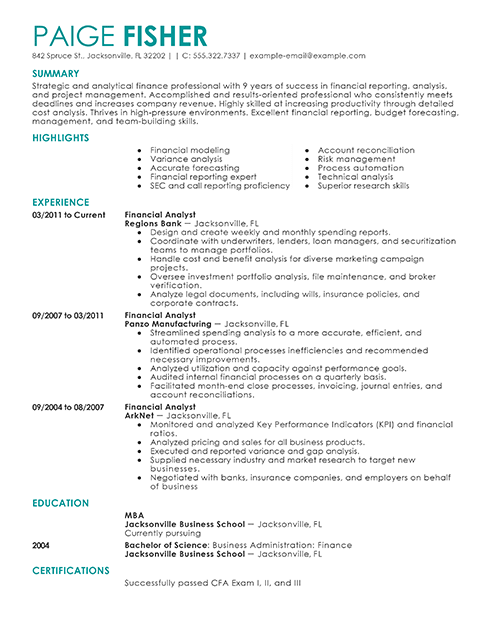 resume samples for financial analyst