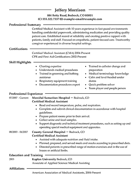 sample medical assistant resume with experience