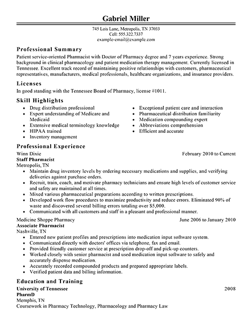 professional summary for resume pharmacist