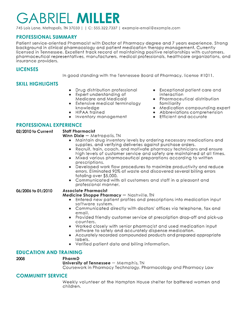 Pharmacist Resume Examples Pharmaceutical Livecareer