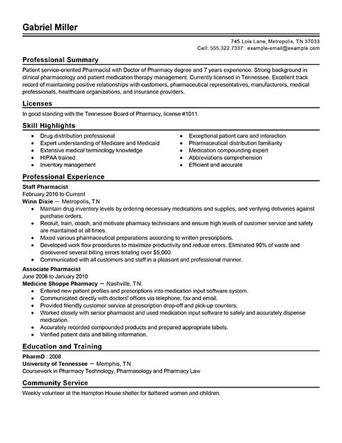 resume format for experienced pharmacist